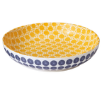 Küchenschale Amici 21cm mit gelbem Punktmuster innen und blauen Kreisen aussen, weisse Keramik