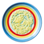 Küchenprofi Tellerreibe Arcobaleno mit geriebenem Ingwer, buntes Design in Blau, Gelb und Rot
