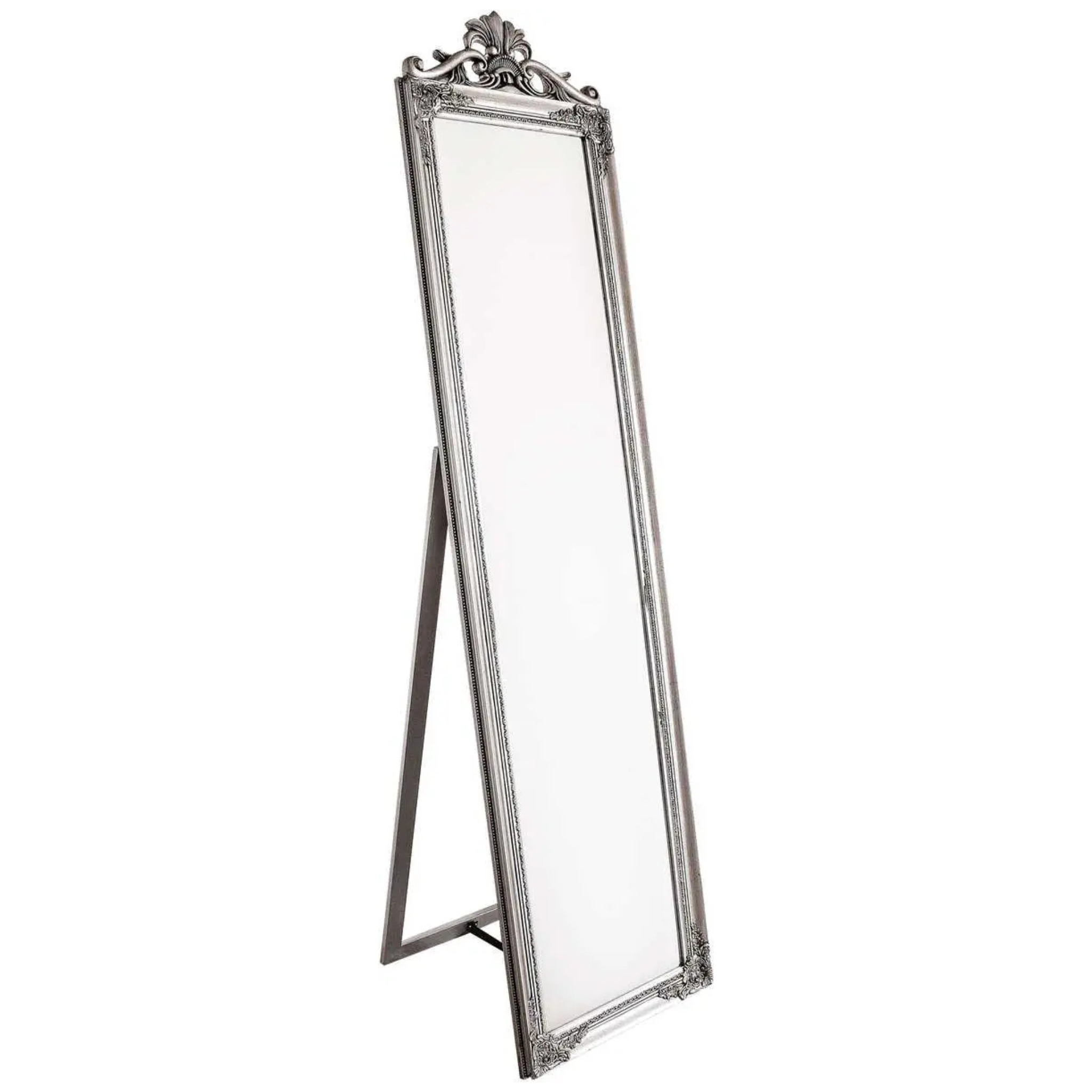 Standspiegel Miro silber - Eleganter Ganzkörperspiegel mit Ornament-Verzierung und Standfuß