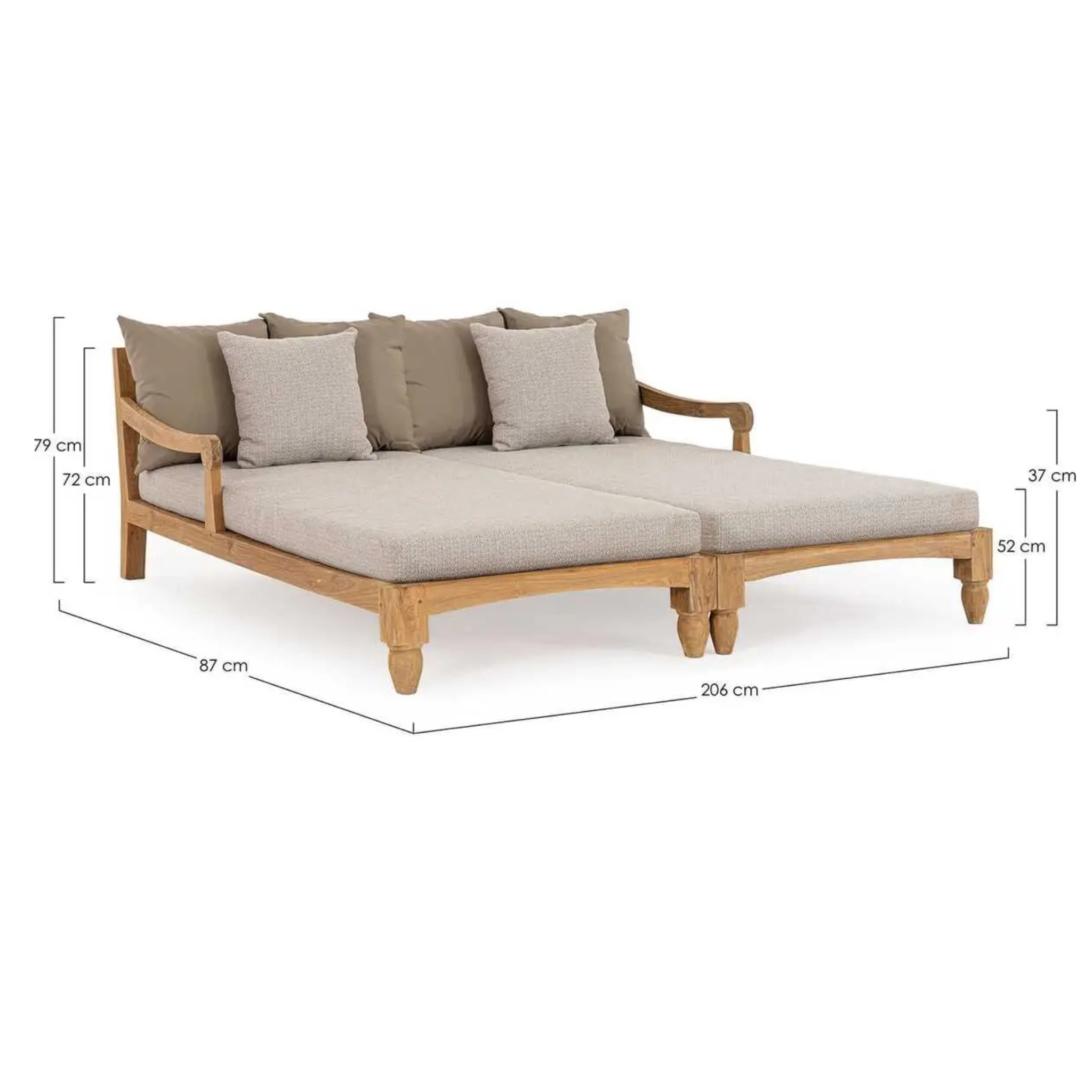 Bizzotto Daybed Bali Natur – Teak-Lounge-Bett 206x87cm mit beigen Kissen, Doppel-Liegeflaeche outdoor