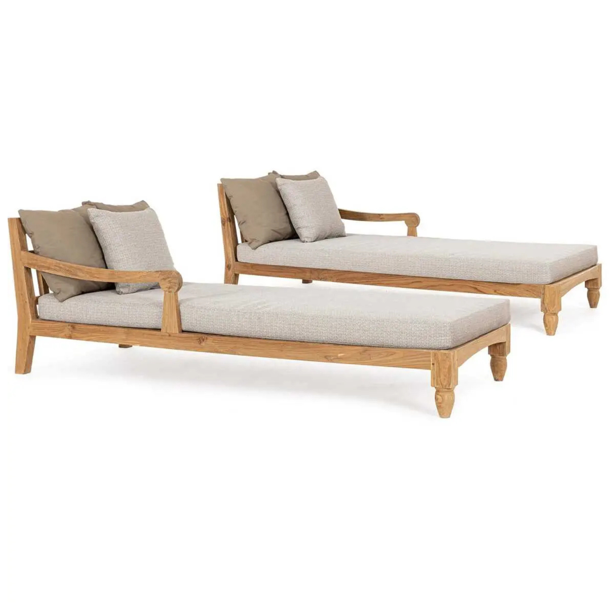 Bizzotto Daybed Bali Natur – 2er-Set Outdoor-Loungebetten aus Teakholz mit beigen Polstern und Kissen