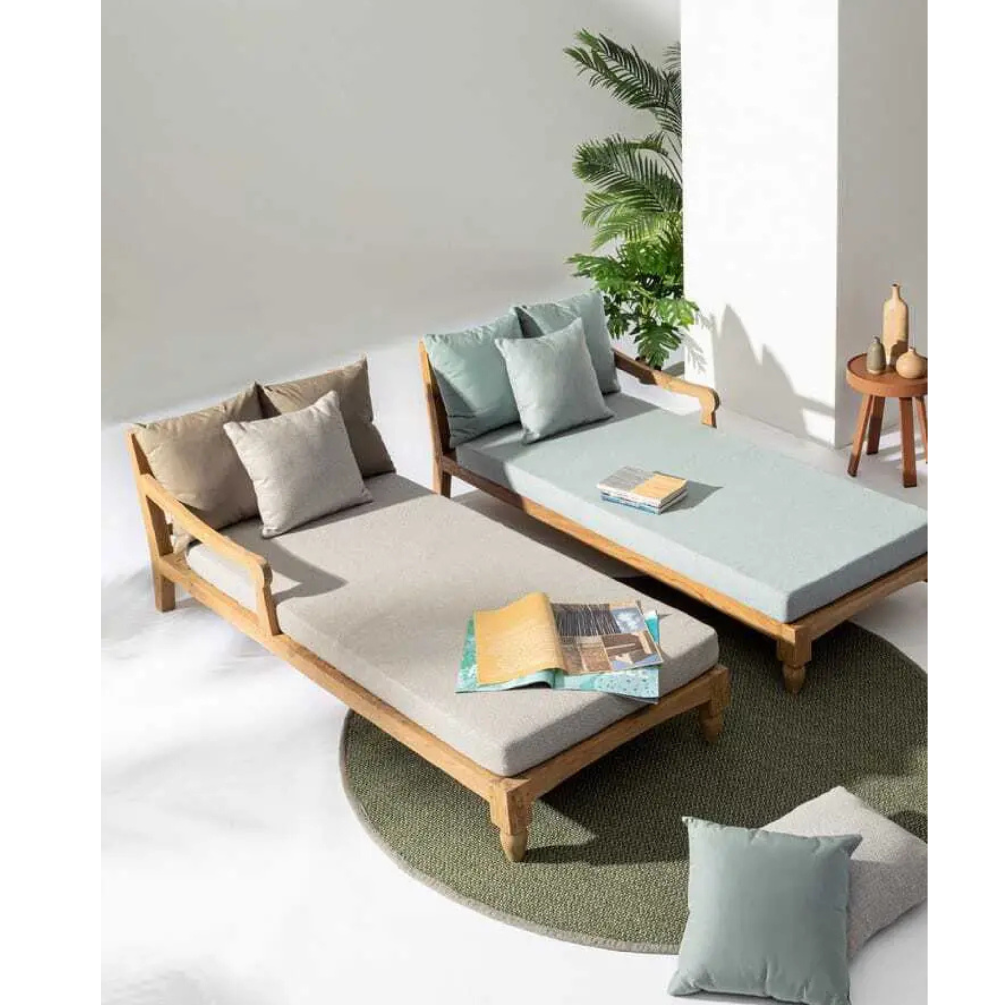 Bizzotto Daybed Bali Natur in Hellgrau und Mintgrün mit Holzrahmen und Kissen, Outdoor-Lounge-Set