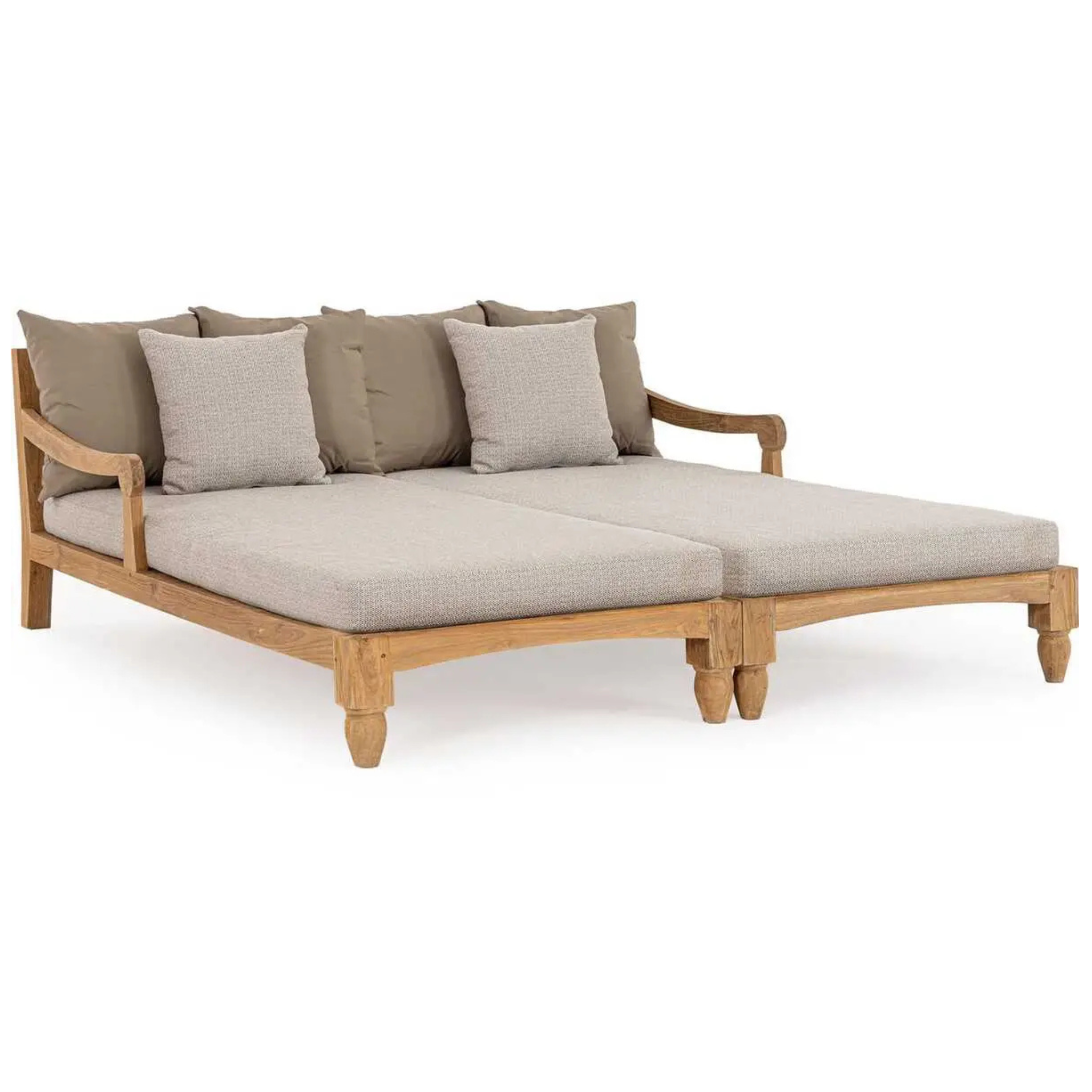 Bizzotto Daybed Bali aus Teakholz in Natur mit beigen Kissen und ausklappbarer Liegefläche für zwei Personen