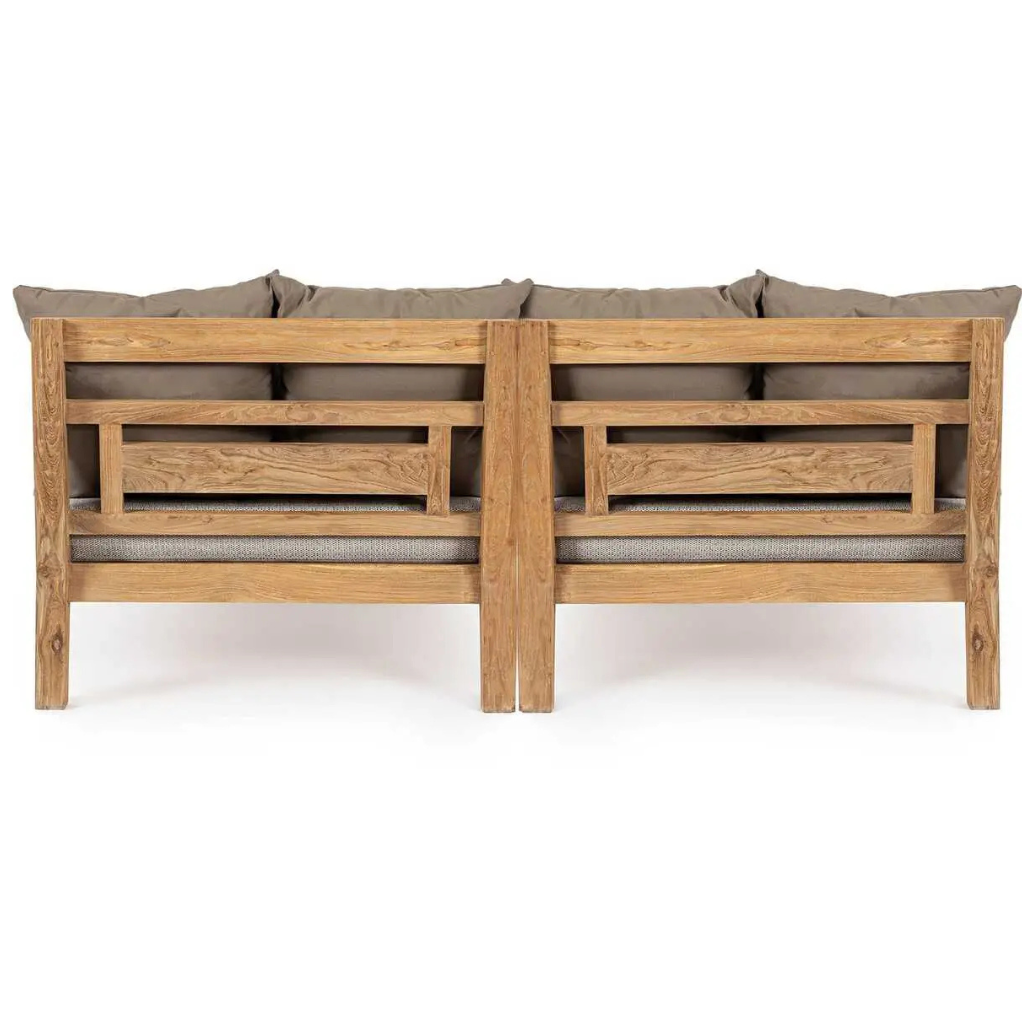 Bizzotto Daybed Bali Natur aus Teakholz – Rückansicht mit taupefarbenen Kissen, 2-Sitzer Outdoor-Sofa