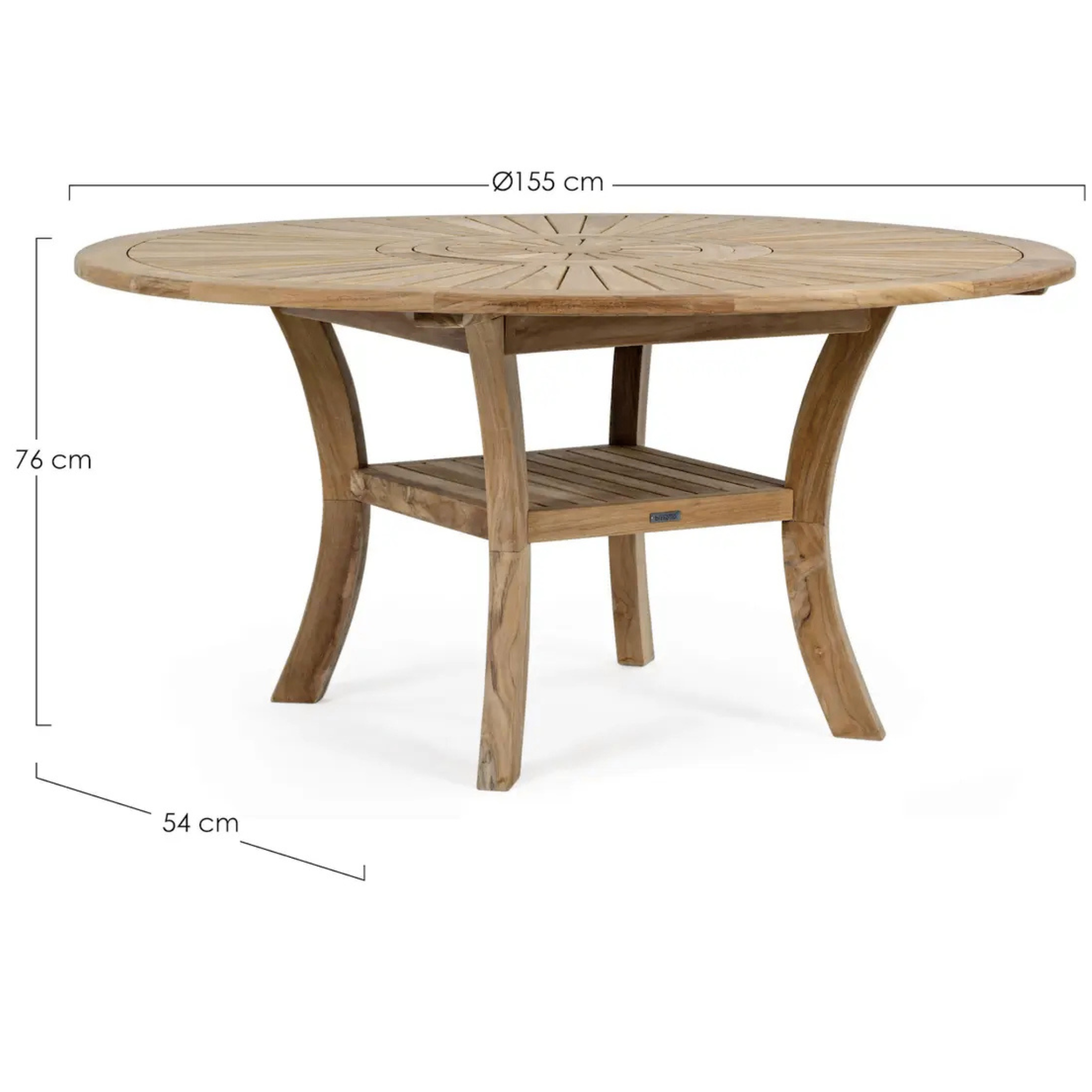 Runder Gartentisch Maryland aus Teakholz, Durchmesser 155 cm, Höhe 76 cm, mit Ablage und geschwungenen Beinen.