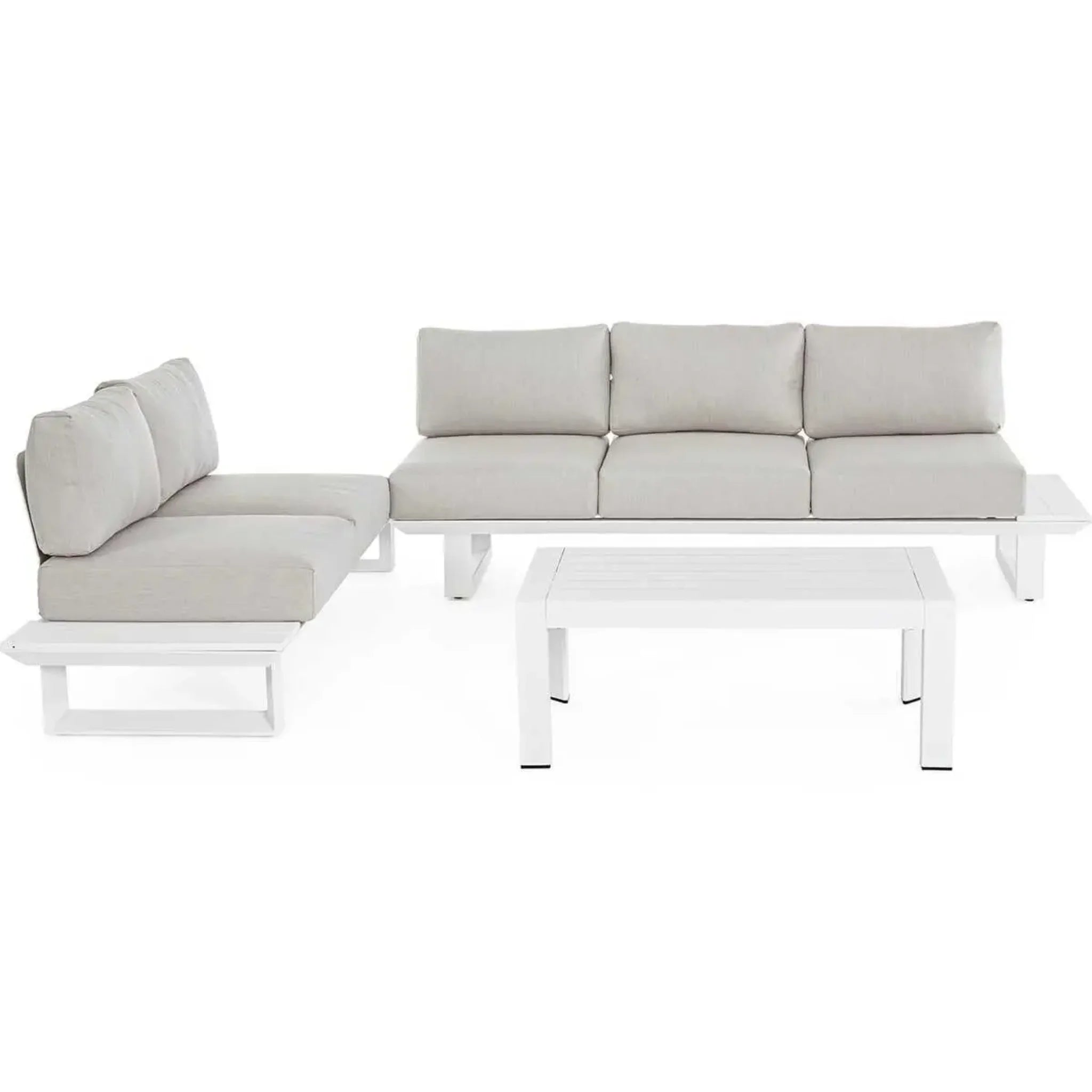 Bizzotto Ecksitzgruppe Garten Lounge Konnor Weiss Schraegansicht mit Ecksofa Ottomane und Couchtisch