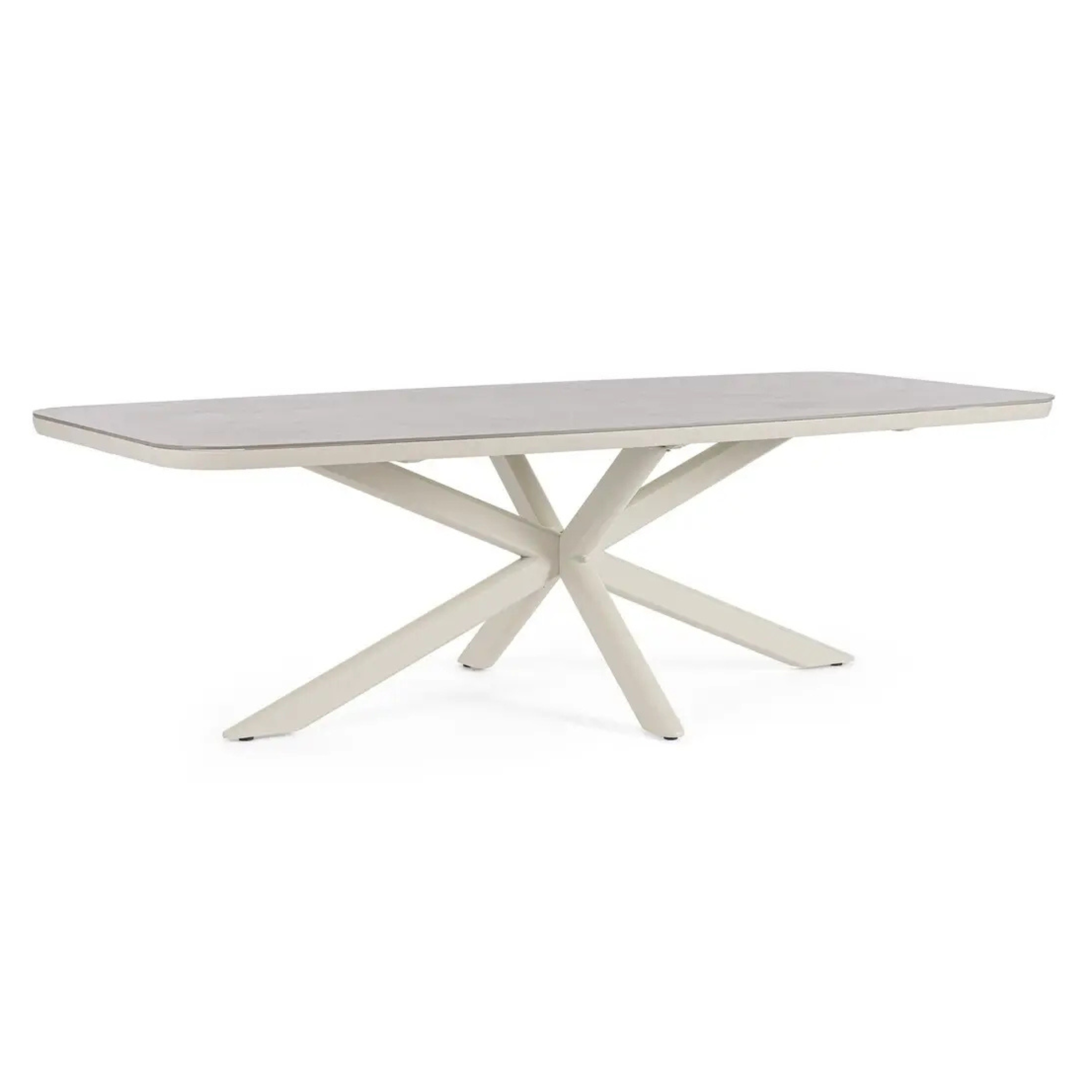 Gartentisch Isacco 240x110 cm Schrägansicht mit grauer Tischplatte und weissem Sternfuss