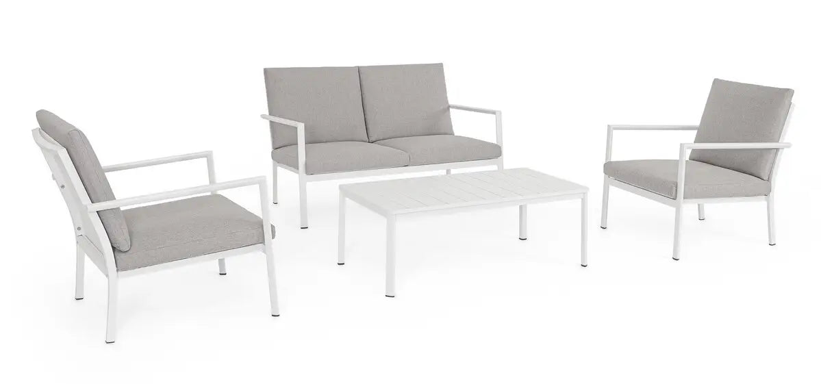 Bizzotto Sitzgruppe Konnor 4-tlg Weiss Frontalansicht Set mit Sofa Sesseln und Couchtisch
