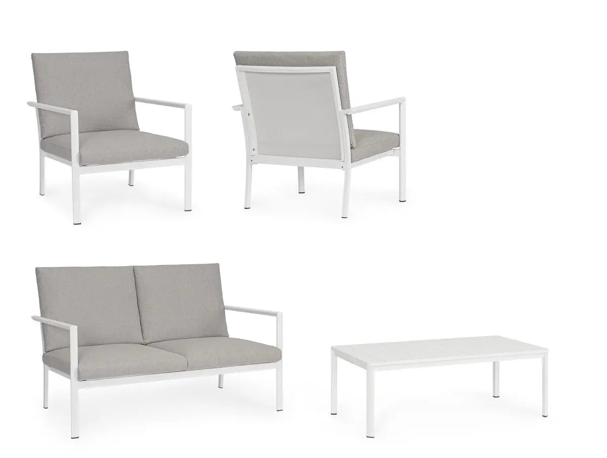 Bizzotto Sitzgruppe Konnor 4-tlg Weiss Einzelteile Sessel Sofa und Couchtisch Aluminium