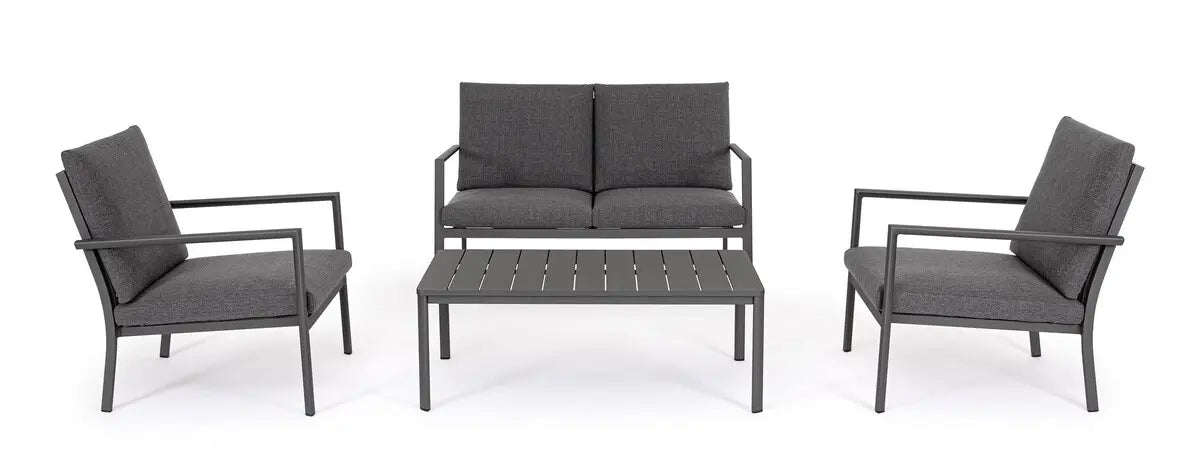 Bizzotto Sitzgruppe Konnor 4-tlg Anthrazit Frontalansicht Set mit zwei Sesseln Sofa und Couchtisch