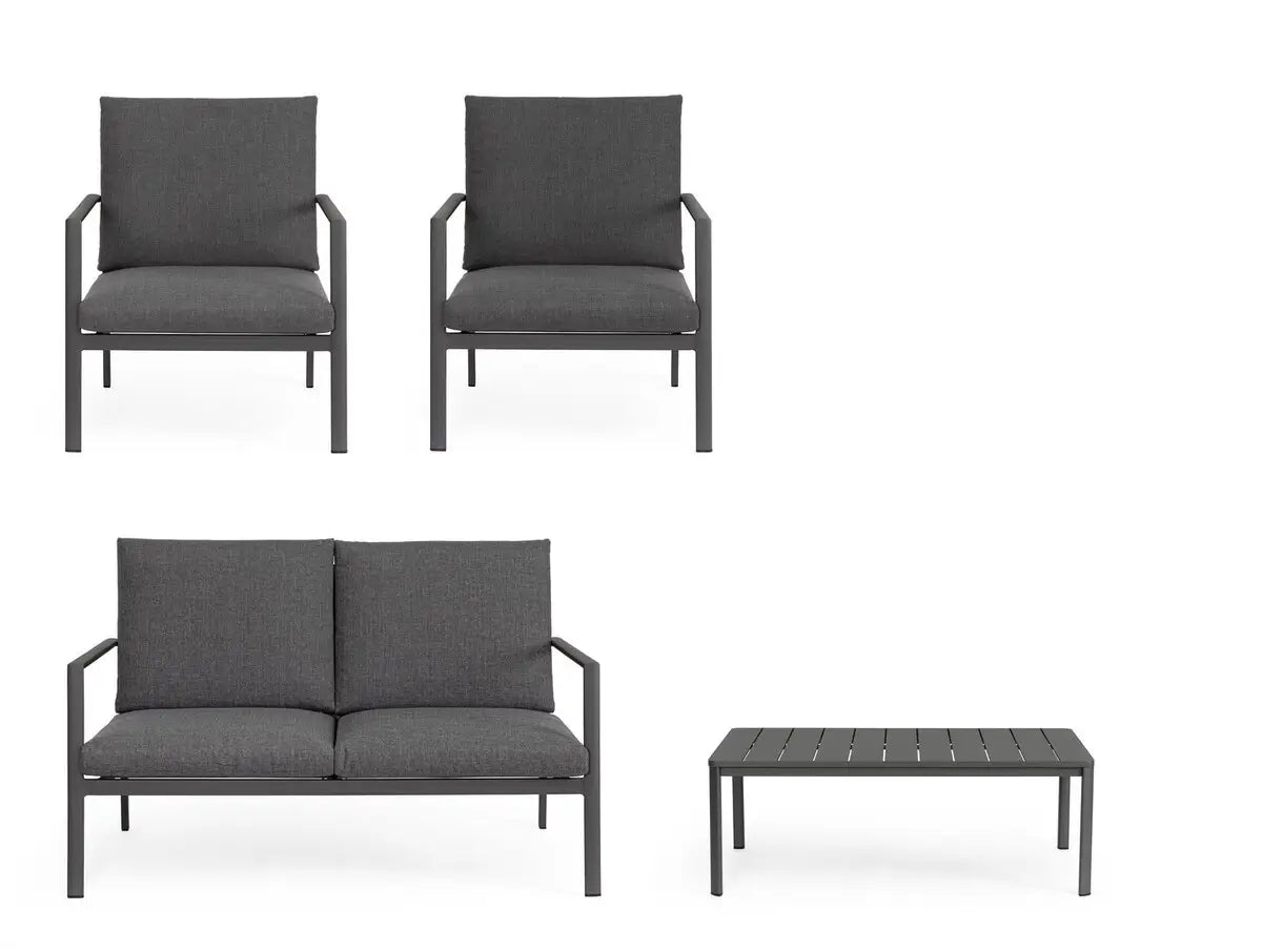 Bizzotto Sitzgruppe Konnor 4-tlg Anthrazit Einzelteile Vorderansicht zwei Sessel Sofa und Couchtisch