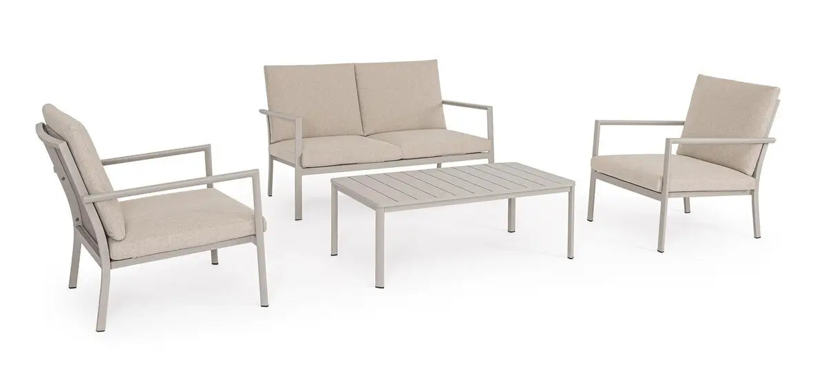 Bizzotto Sitzgruppe Konnor 4-tlg Rattin Beige Set Schraeganischt mit Sofa zwei Sesseln und Couchtisch