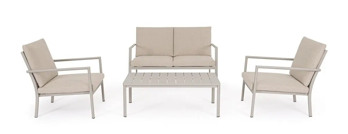 Bizzotto Sitzgruppe Konnor 4-tlg Rattin Beige Frontalansicht Set mit zwei Sesseln Sofa und Couchtisch