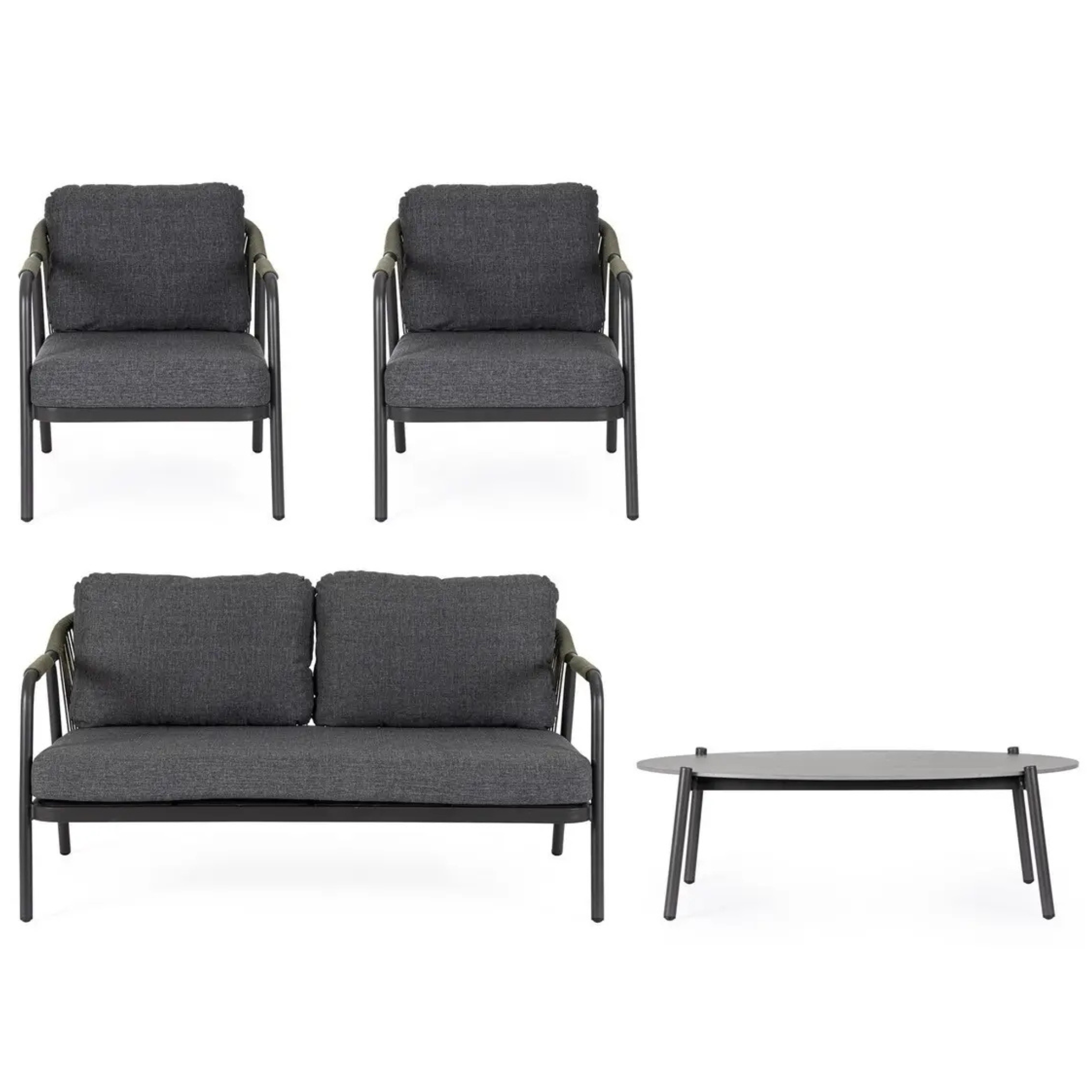 Bizzotto Gartenlounge Miravet Einzelteile zwei Sessel Sofa und ovaler Couchtisch in Anthrazit