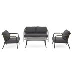 Bizzotto Gartenlounge Miravet Set Frontalansicht mit Sofa zwei Sesseln und ovalem Couchtisch Anthrazit