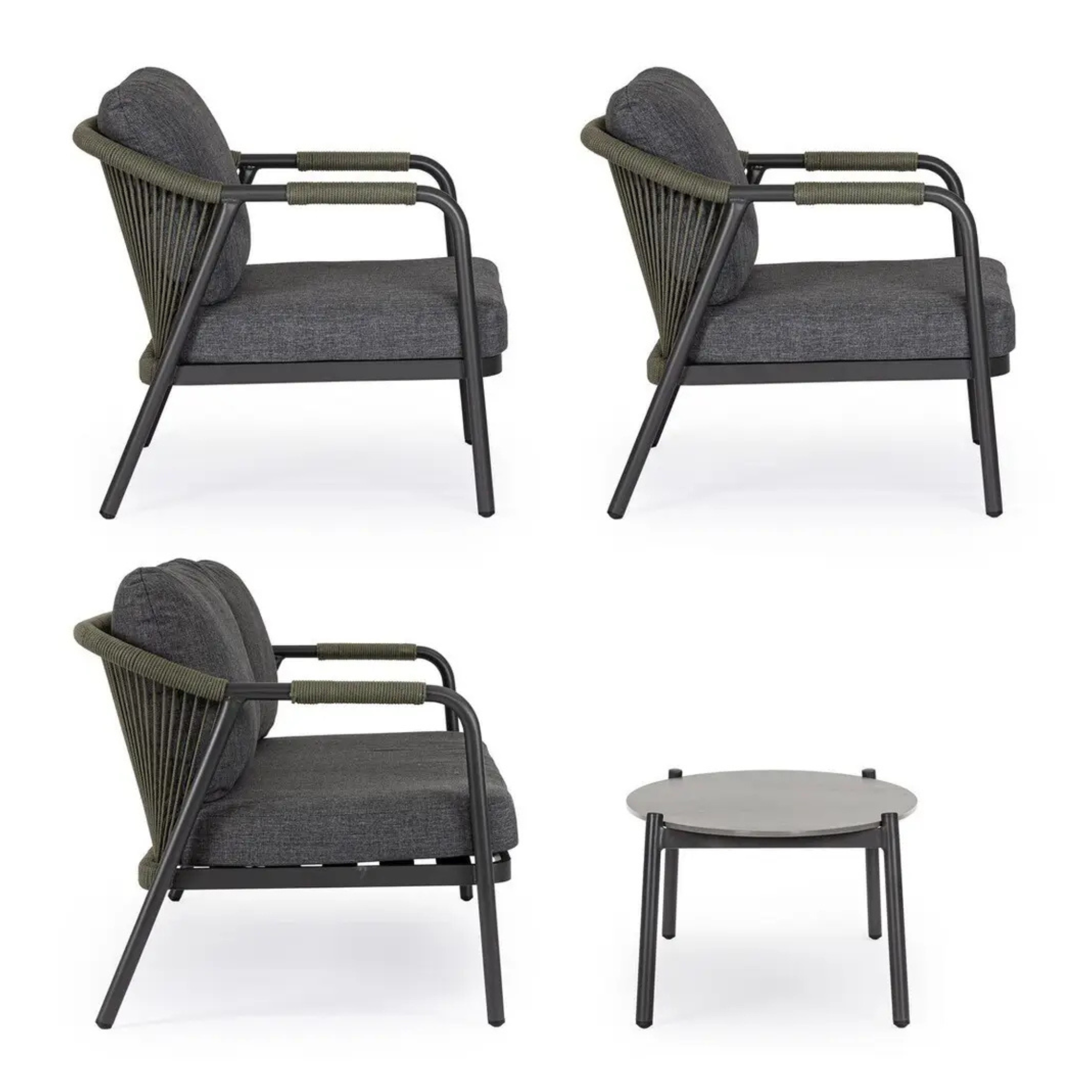 Bizzotto Gartenlounge Miravet Sessel aus drei Perspektiven und runder Couchtisch in Anthrazit