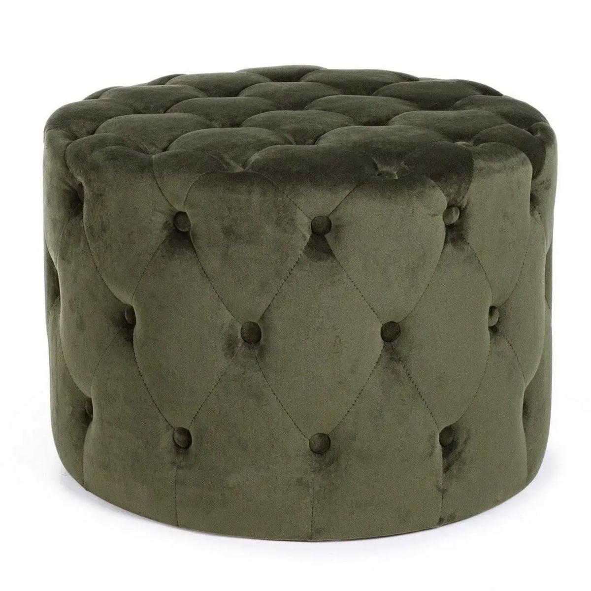 Bizzotto Hocker Pouf Lorella in Forest Taupe - Eleganter runder Samt-Pouf mit Knopfsteppung