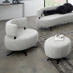 Ponsel Drehsessel Grau mit passendem Hocker und Sofa in Bouclé-Stoff, modernes Wohnzimmer-Set