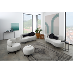Modernes Wohnzimmer-Set mit grauem Drehhocker Ponsel, Sofa und Sessel in hellem Bouclé-Stoff