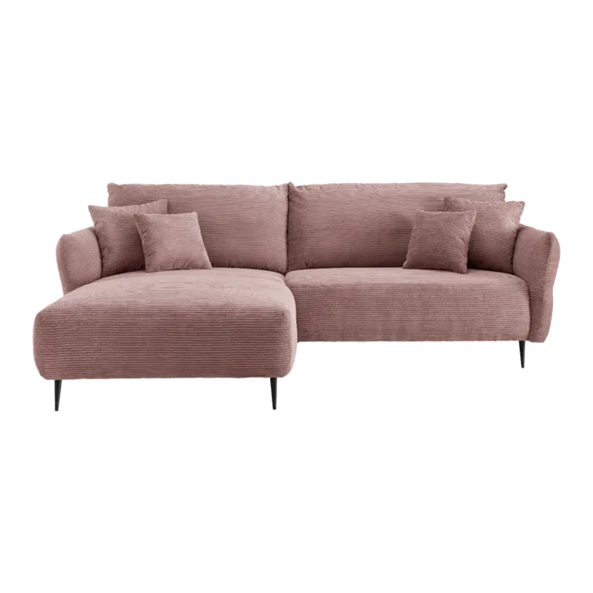 Polstergruppe Vanilla in Rosa: Moderne Eckcouch mit Chaiselongue, Kissen und Metallfüßen für stilvolles Wohnen.