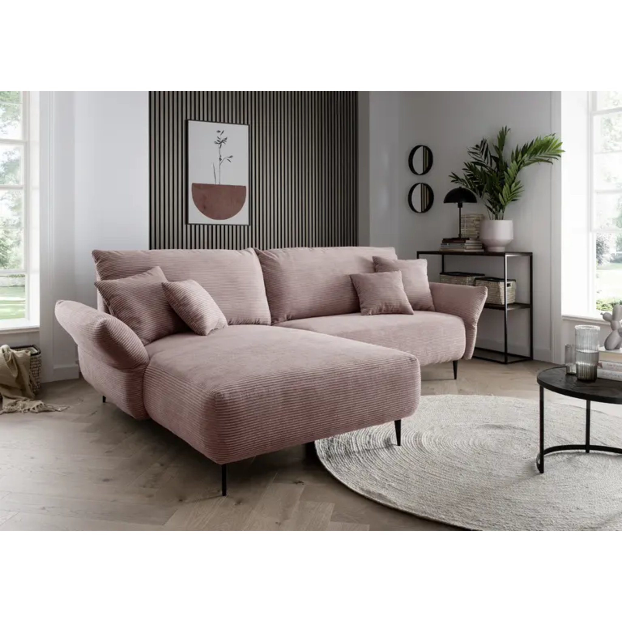 Ensemble canapé d'angle confortable en velours côtelé rose