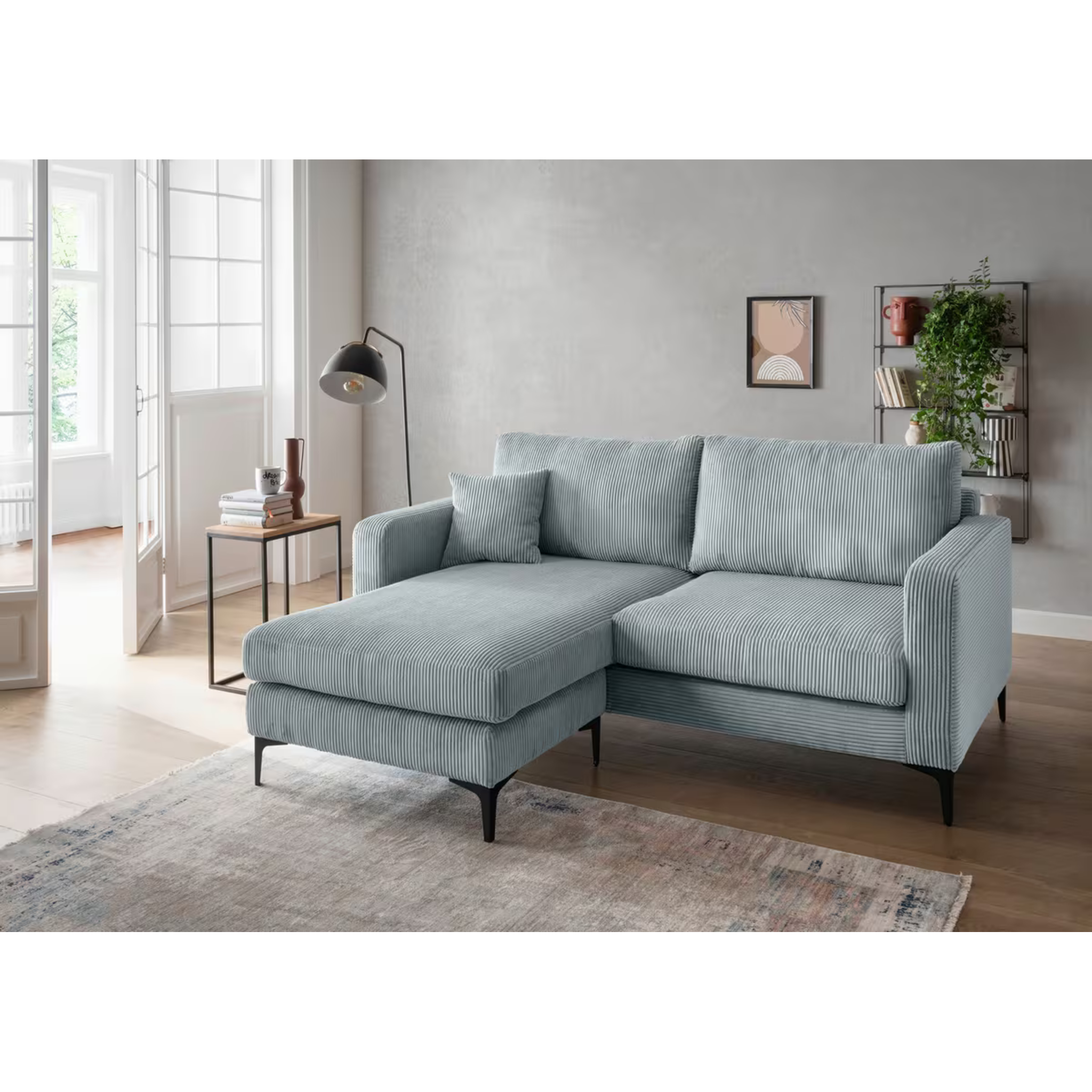 Canapé d'angle Eliza en velours côtelé bleu turquoise