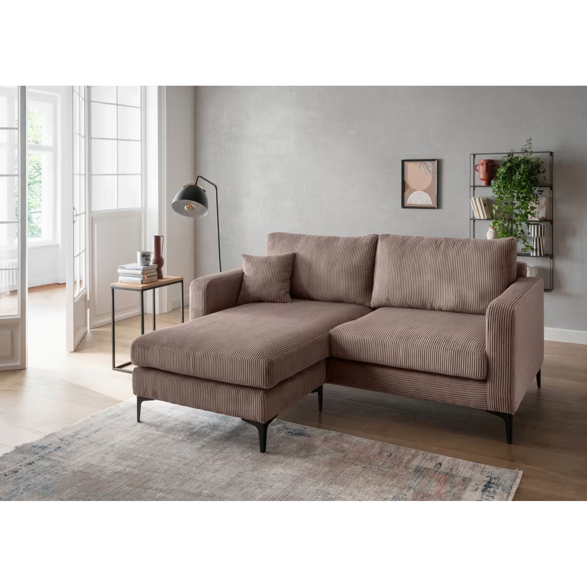 Canapé d'angle Eliza en velours côtelé gris-brun