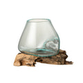 Handgefertigte Glasvase auf Treibholz-Sockel, transparentes mundgeblasenes Glas, 20cm, Naturdekor