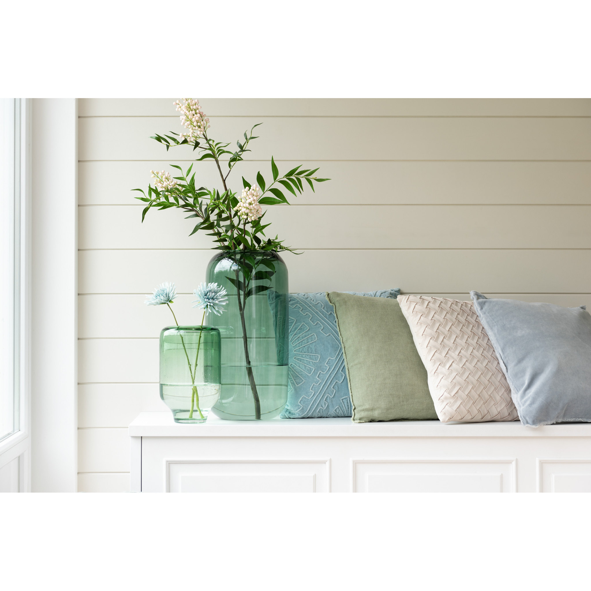 Vase cylindrique en verre vert, grand format, 49,5 cm