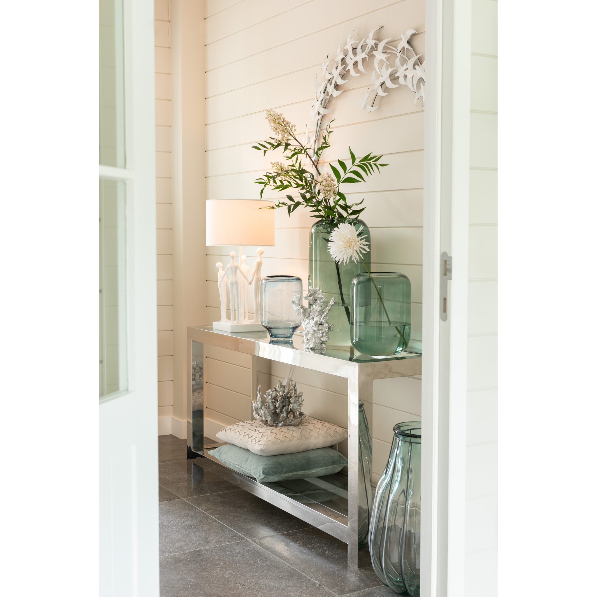 Vase cylindrique en verre vert, grand format, 49,5 cm