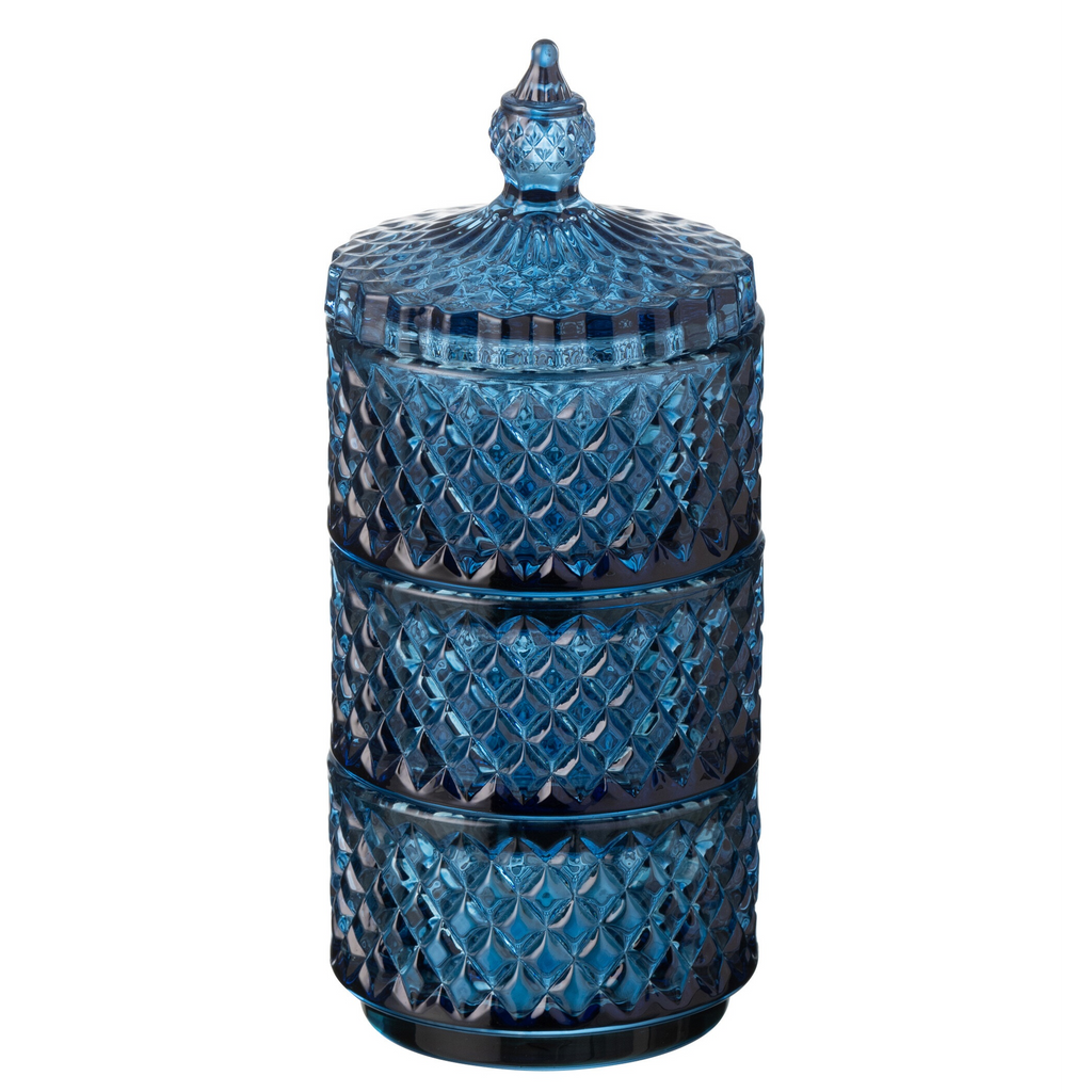 Pot de rangement à 3 niveaux, en verre bleu