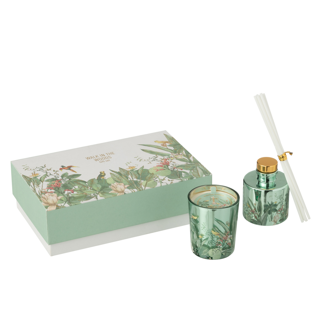 Coffret cadeau bougie + diffuseur de parfum Promenade en forêt Vert