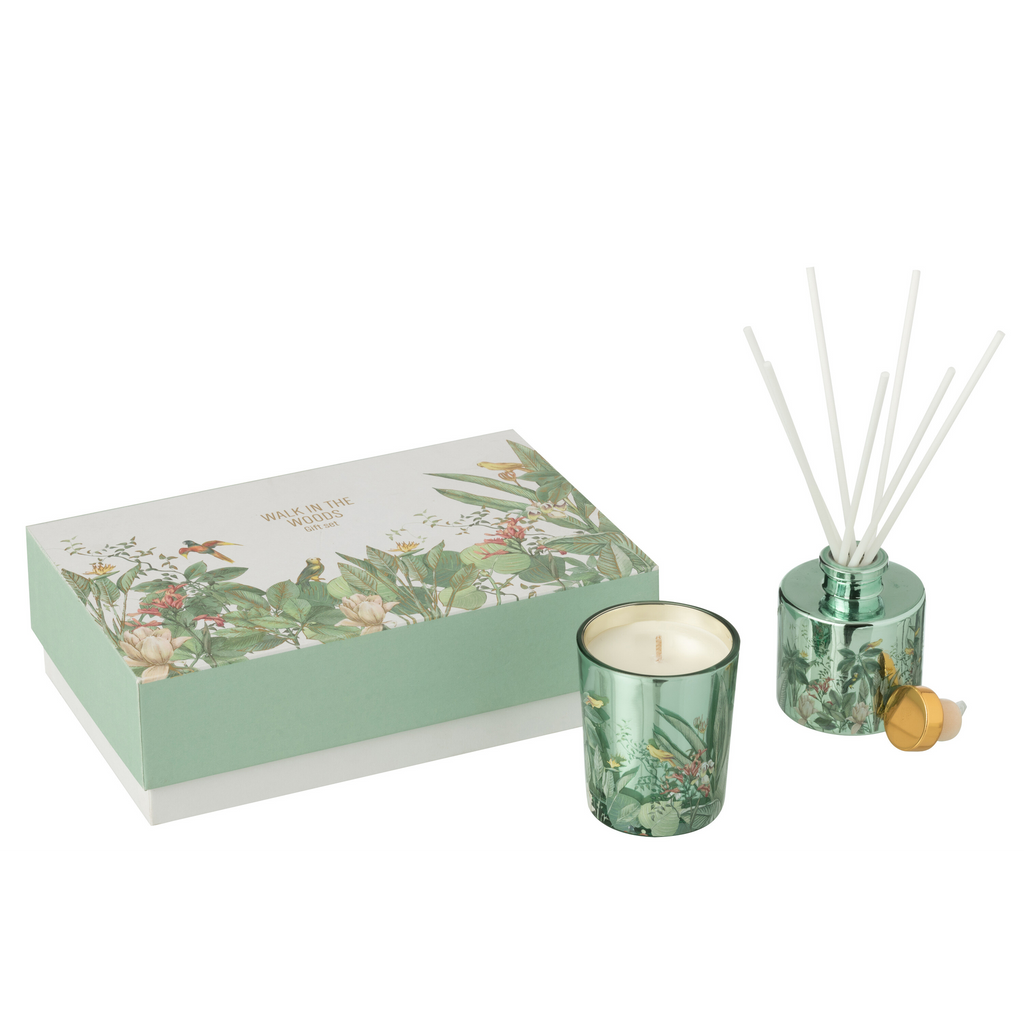 Coffret cadeau bougie + diffuseur de parfum Promenade en forêt Vert