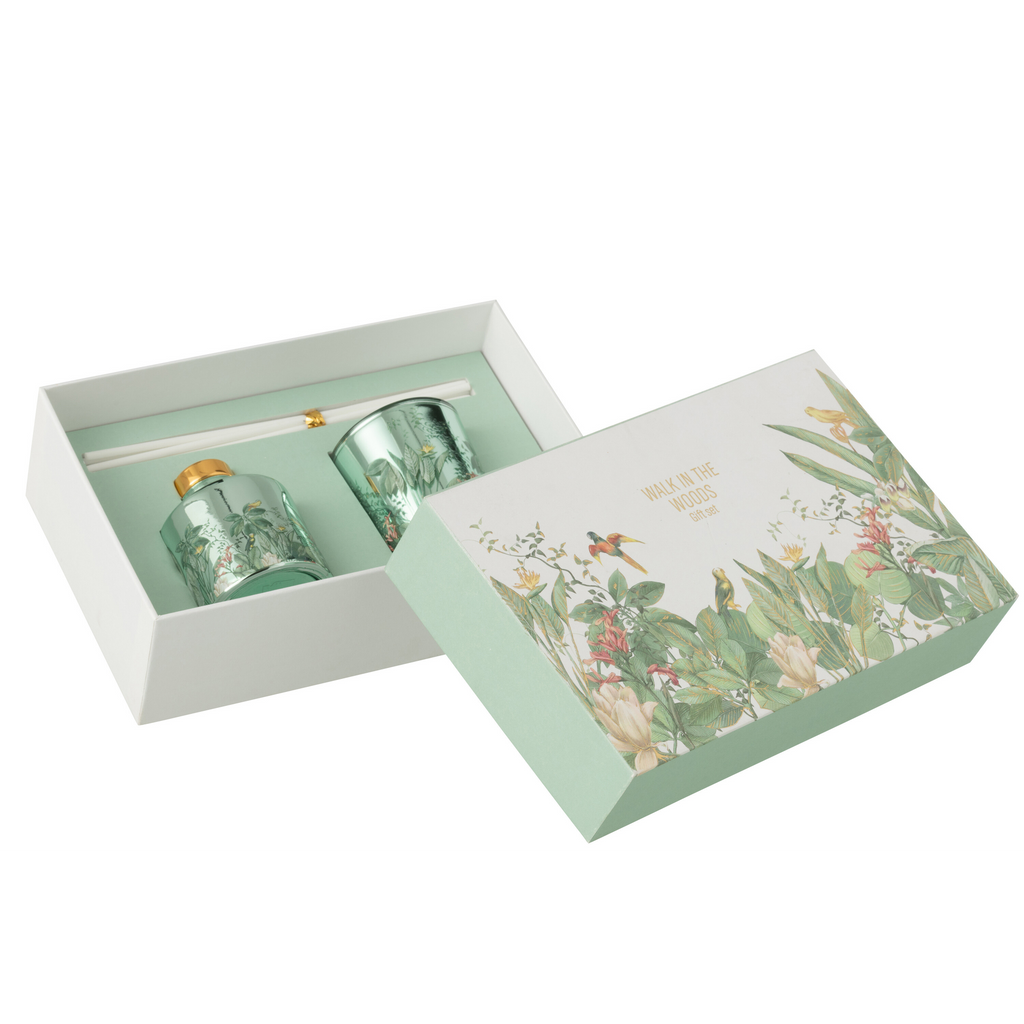 Coffret cadeau bougie + diffuseur de parfum Promenade en forêt Vert
