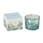 Jolipa J-Line Duftkerze "Walk in the Woods" in blauem Glas mit tropischem Blattmuster und Geschenkbox