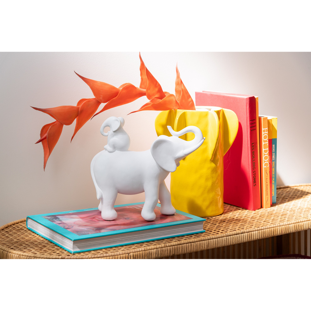 Éléphant portant un bébé blanc