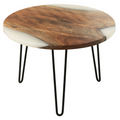 Runder Beistelltisch Akazie mit weißem Epoxidharz und schwarzen Hairpin-Legs von Jolipa