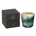 J-Line Duftkerze grün im Waldmotiv-Glas mit goldenem Rand, 13cm, inkl. schwarzer Geschenkbox