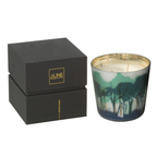 J-Line Duftkerze grün im Waldmotiv-Glas mit goldenem Rand, 13cm, inkl. schwarzer Geschenkbox