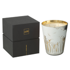 J-Line Duftkerze Noa in weißem Glasgefäß mit goldenem Rand und Walddekoration, inkl. schwarzer Geschenkbox