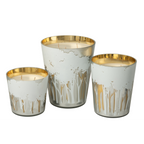 Jolipa Noa Kerzenset 3-teilig in Weiss-Gold mit Waldmotiv, Glasbecher mit goldenem Innenrand, 20cm