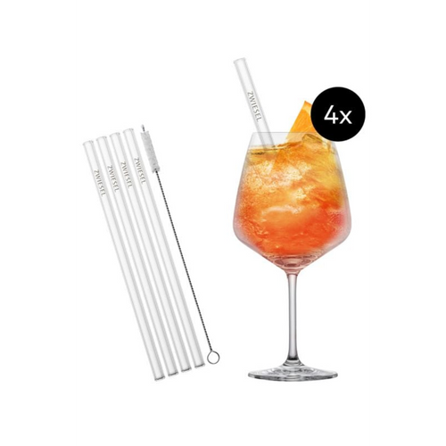 Zwiesel Glasstrohhalme Set 4x mit Reinigungsbürste und Cocktailglas mit Aperol Spritz und Orangenscheibe