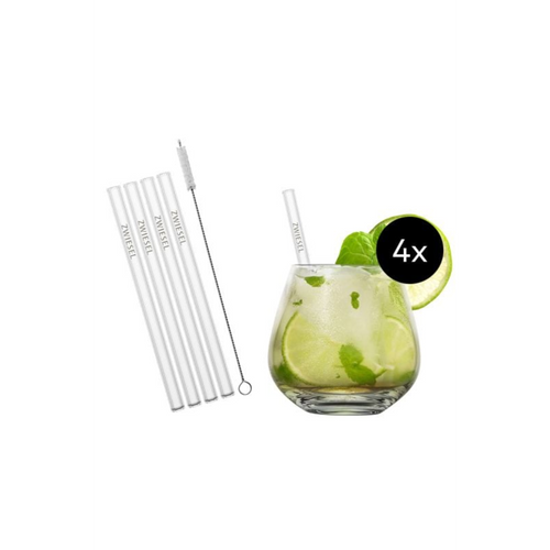 Zwiesel Kristallglas Glasstrohhalme 4er-Set mit Reinigungsbürste und Cocktailglas mit Mojito und Limette