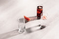 Drei Zwiesel Allround Wassergläser auf hellem Holztisch, eines mit Eiswürfeln und Getränk, Grapefruitscheibe als Deko