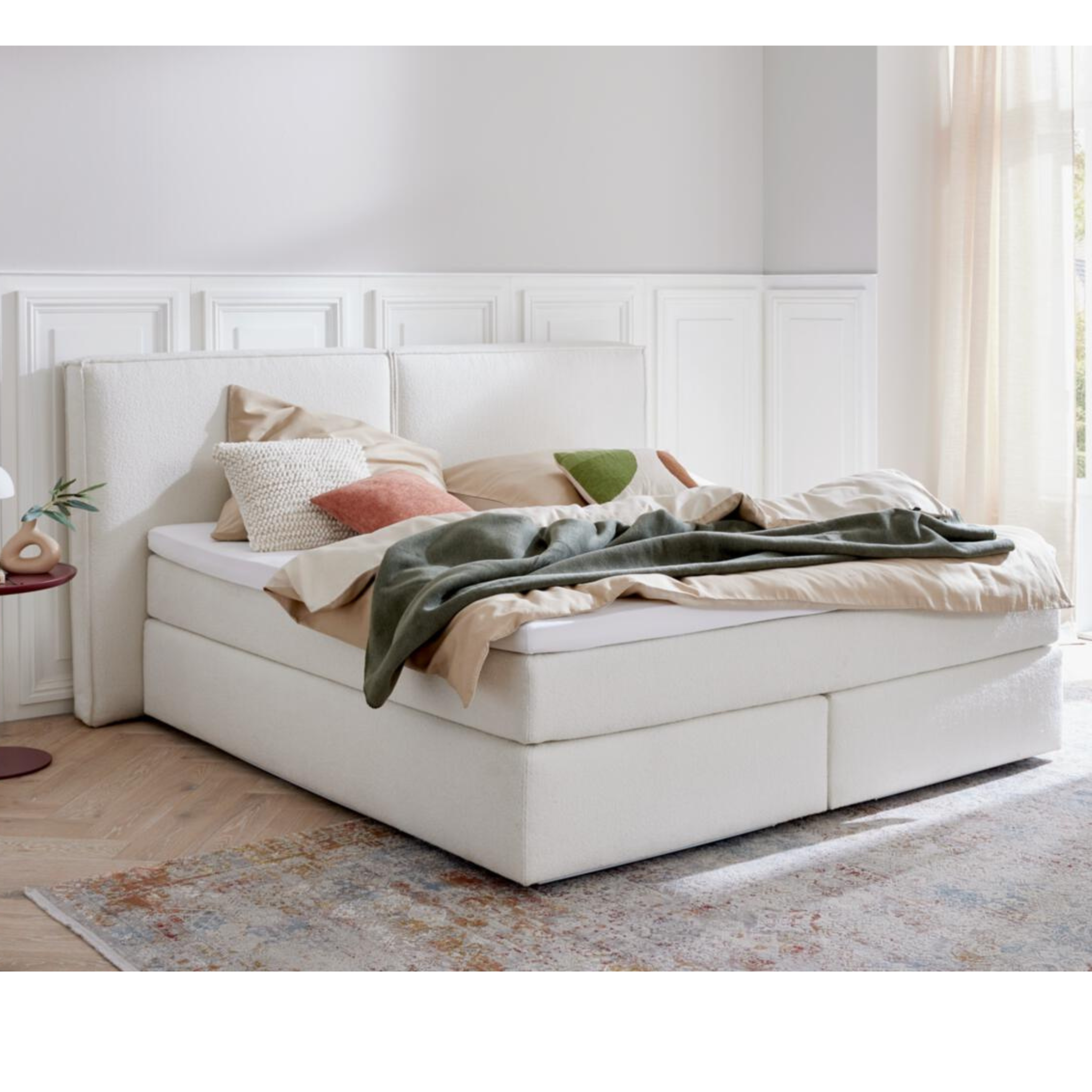 Fey Boxspring Bett 180cm weiß mit Stauraum und hohem Kopfteil - modernes Schlafzimmer Design