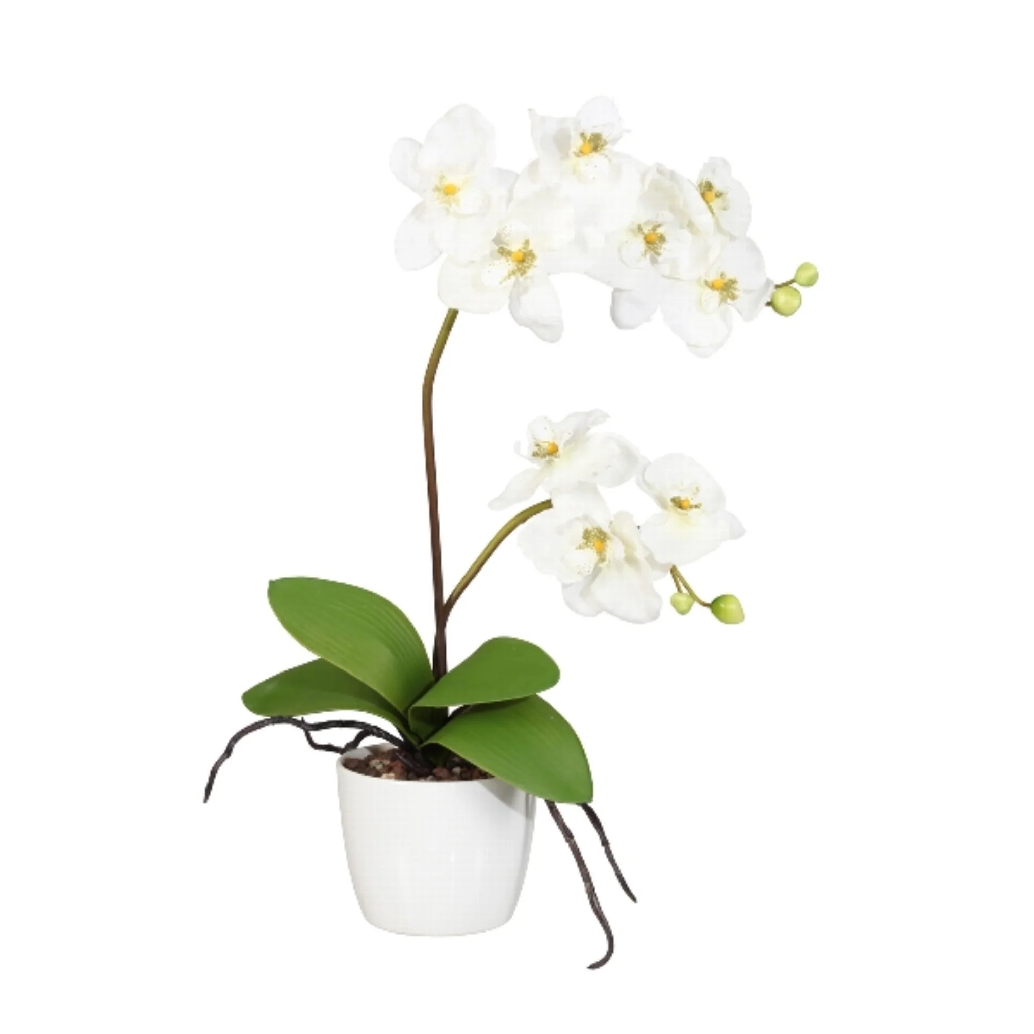 Weiße Orchidee mit gelben Blüten im weißen Topf, 60cm Höhe, künstliche Pflanze für moderne Dekoration.