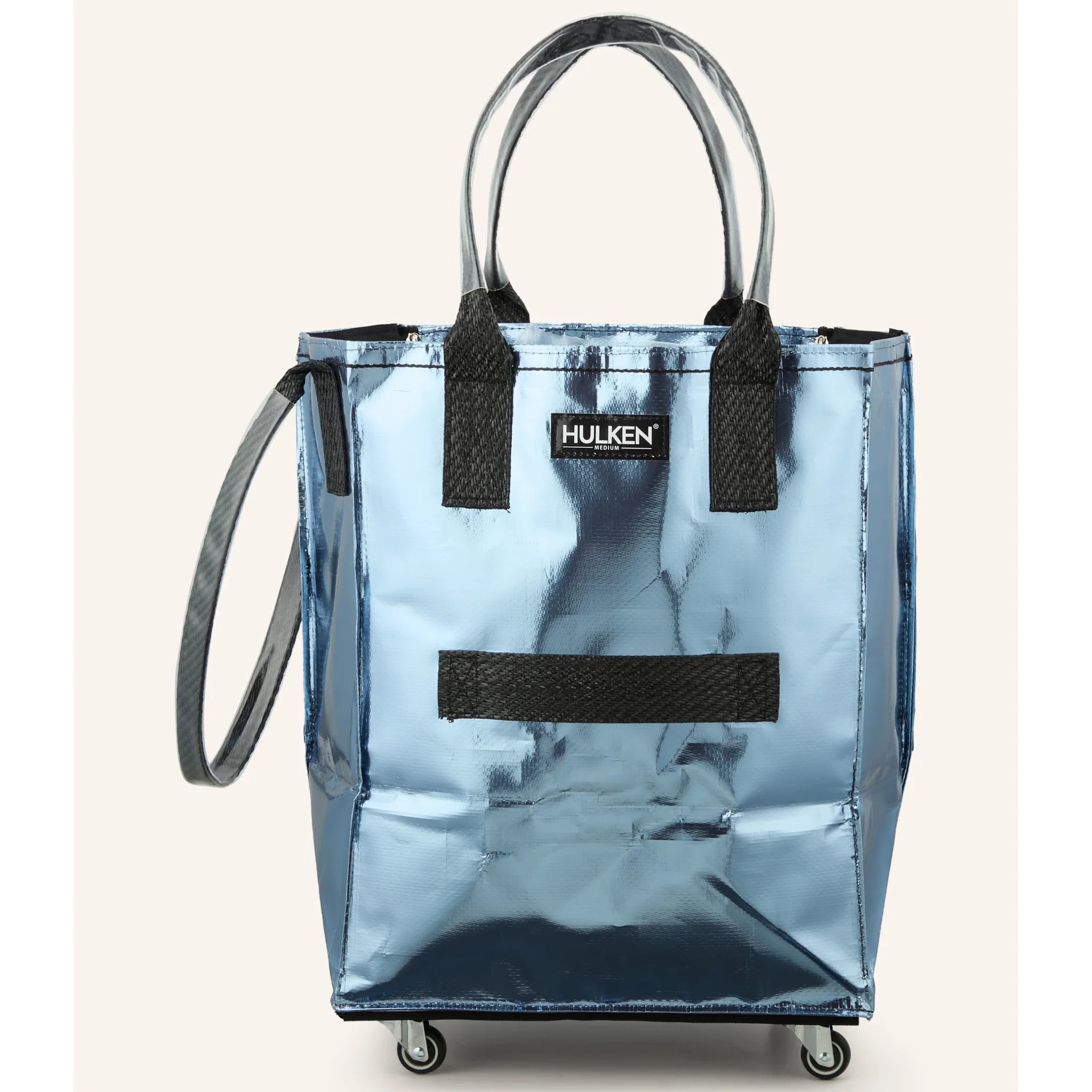Hulken Medium Transparente Shopper Bag in Hellblau mit schwarzen Henkeln und Rollen