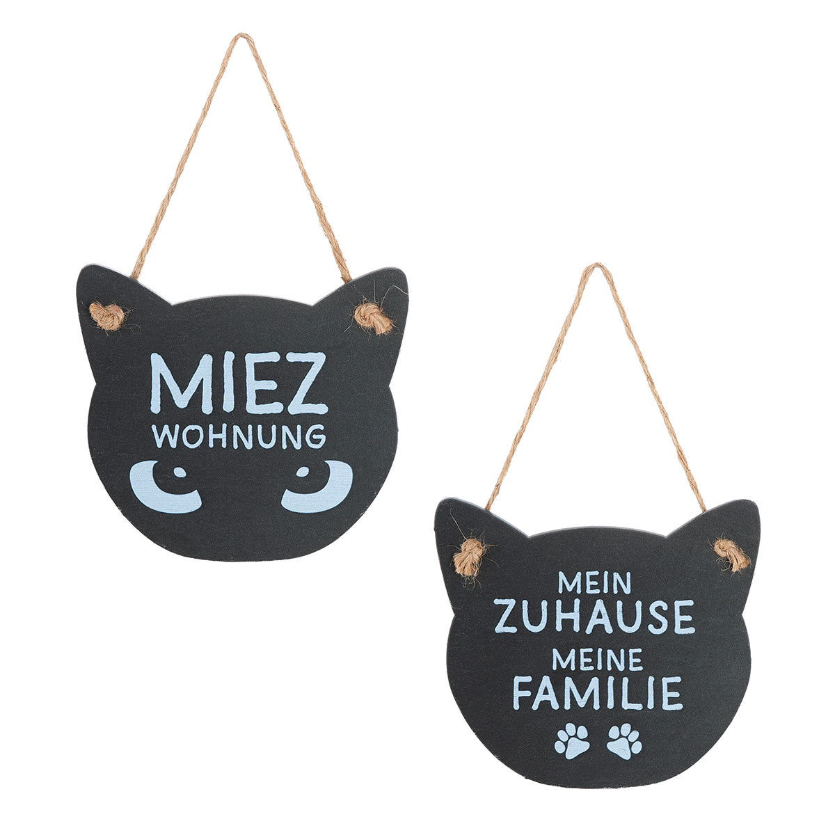 Süße schwarze Katzen-Türhänger aus Filz mit deutschen Texten "Miez Wohnung" und "Mein Zuhause Meine Familie"