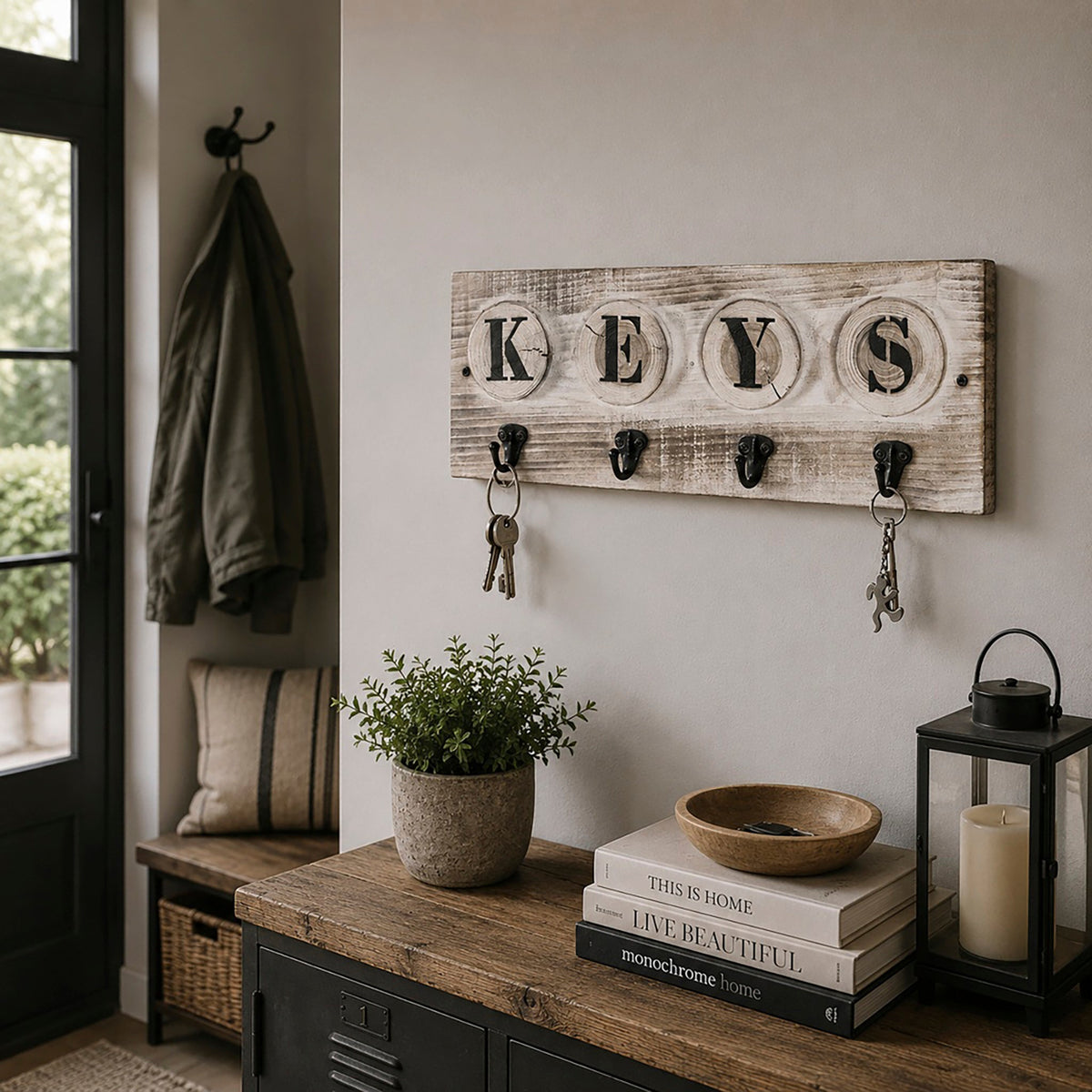 HAKU Möbel Schlüsselboard aus Massivholz Motiv Baumscheibe und Schriftzug in Grau