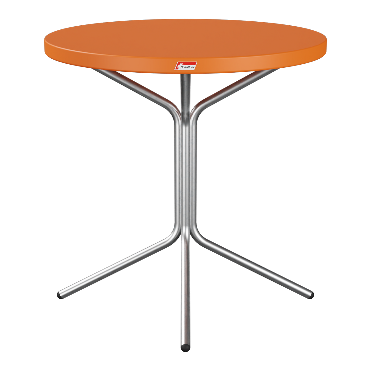 Bistro Stehtisch mit orangeroter Tischplatte und Metallgestell, modernes Design, platzsparend.